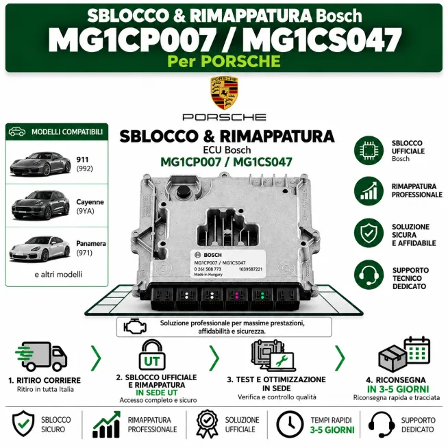 Servizio Sblocco & Rimappatura Bosch  MG1CP007-MG1CS047 - Porsche (911 992 / 718 / Macan / Cayenne / Panamera)